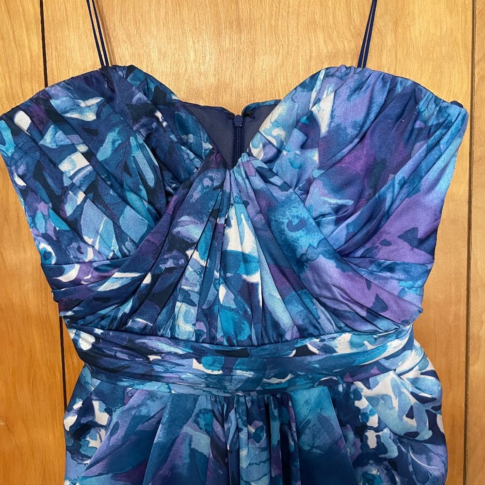 Badgley Mischka Pleated Ruched Blue Silk Corset Dress